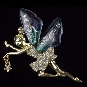 Gold Tone Enameled Rhinestone Fairy Brooch